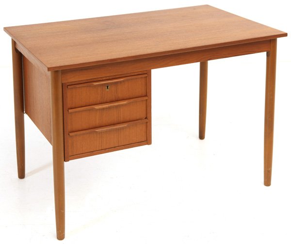 Arne Vodder: Desk and chair. Sibast Denmark. Teak and vinyl. Size, Desk, 39.25W x 23.25D x 29H. Chair 18.5W x 19D x 30.75H.