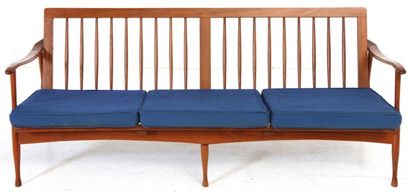 Ib Kofod Larsen: Sculptural sofa, loose cushions, Selig. Walnut, upholstery. Size 74.75 x 30.75 x 26.5H