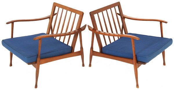 Ib Kofod Larsen: Arm Chairs, pair. Selig. Denmark. Walnut, rubber upholstery. Size 26.5W x 31.5D x 26.5H.