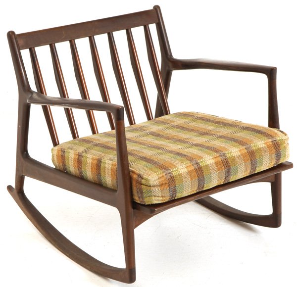 Ib Kofod Larsen: Sculptural rocker. Selig. Original label. Walnut, upholstery. Size 30 x 30 x 35H