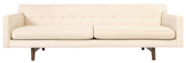 Edward Wormley: Floating sofa, #2555, Dunbar, Berne, Indiana. Mahogany, upholstery. Size 90W x 30D x 28H. Seat height 17H.