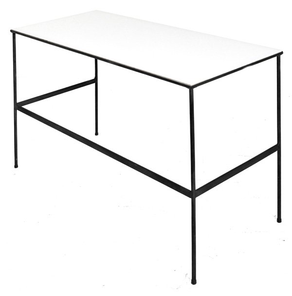 Paul McCobb (Attribution): Console /writing desk. Painted iron, white glass. Size 42.25w X 18.25d X 28.5h.