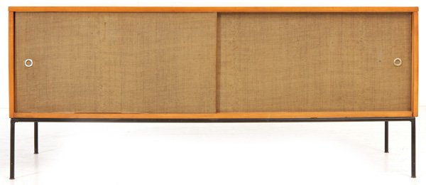 Paul McCobb: Credenza, Winchendon, Planner Group. Two sliding doors. Iron, Birch, Masonite, grass cloth. Size 60W x 18.5D x 25.5H.