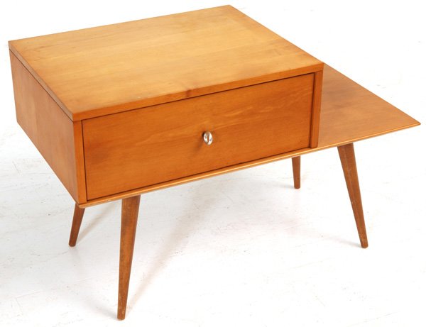 Paul McCobb: Cabinet and bench Winchendon Furniture, Planter Group. Donut pulls, branded manufacturer's mark to back. Maple, aluminum. Size 36W x 18D x 23.5H.