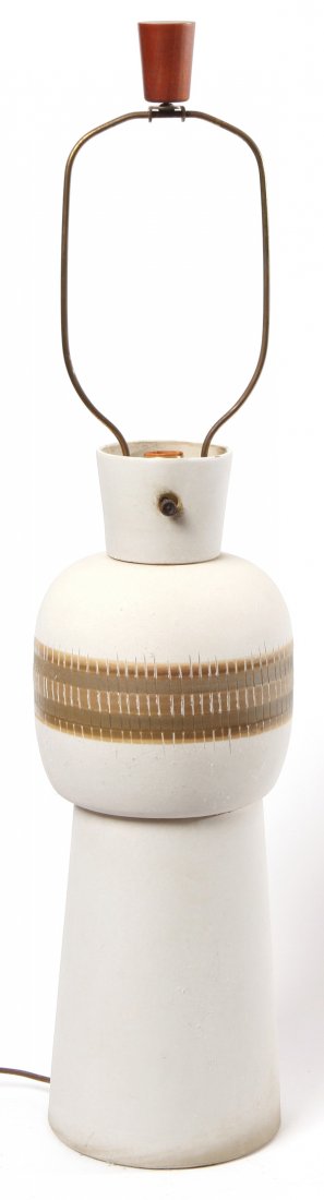 Gordan and Jane Martz: Table lamp. Ceramic, brass, Walnut. Marshall Studios. Original label. Signed. Original finial. Size 8 diameter x 34H.