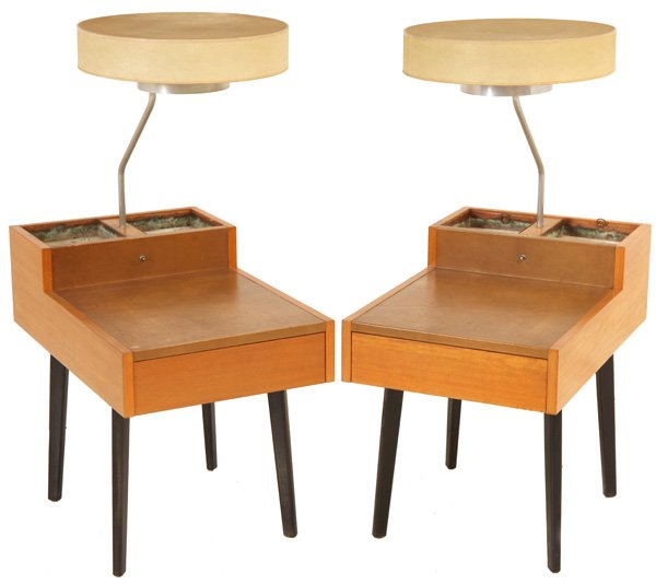 George Nelson: End tables, pair. Herman Miller. Each table has one drawer, planter and built-in lamp. Original label, original finish, original shades. Leather, aluminum, linen, copper. 30.5D x 46H.