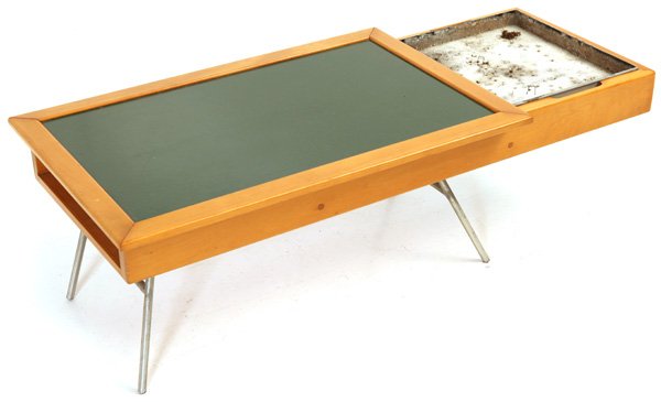 George Nelson: Coffee table, 4662, Herman Miller. Birch, leather, copper, aluminum. Size 50W x 22.25D x 15.5H
