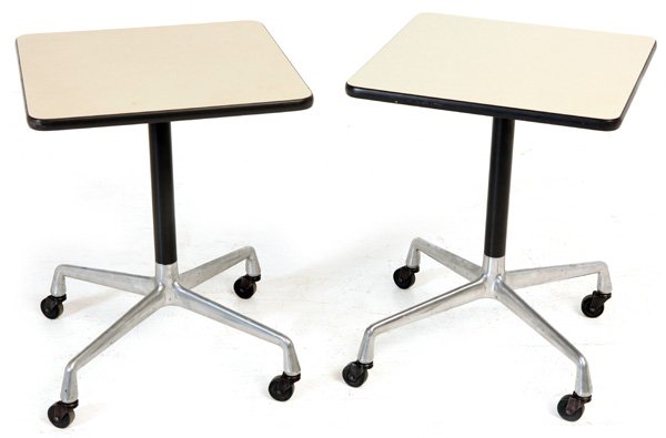 Charles and Ray Eames: Aluminum Group. Tables, pair. Herman Miller original labels. Laminate, Aluminum, enameled aluminum, plastic, rubber. Size 19.75W x 19.75D 25.75H.