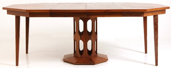 Harvey Probber: Dining table. Probber Incorporated. Walnut. Two leaves, extension legs, cut out pedestal, inlaid circle top. Size 48W x 79.5L x 28.5H. Closed 48L.