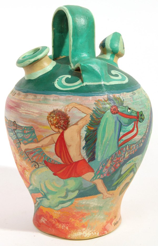 Peter Max: Hand decorated Spanish Botijo. Exactly like a painting previously done by Max. Gift from the artist to studio partner. Size 7 diameter X 11h.