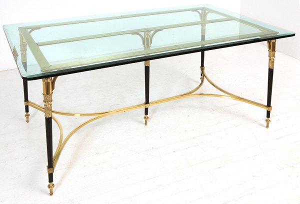 Maison Bagues (Attribution): Amazing Dining Table/Partners Desk. Brass, enameled metal, glass, iron. Originally purchased in France and imported in 1970's. Original price 3900.00 Removable brass trim on top. Size base. 67.5L x 37