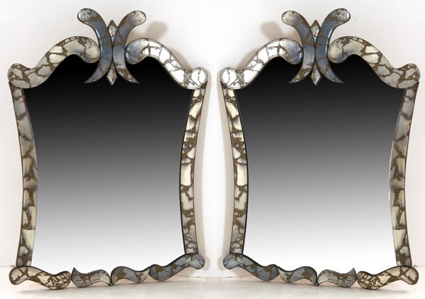 Grosfeld House: Fine pair of beveled mirrors, decorated glass borders, Regency influence. 1940's. Oak, glass. Size 30W x 1D x 40H.
