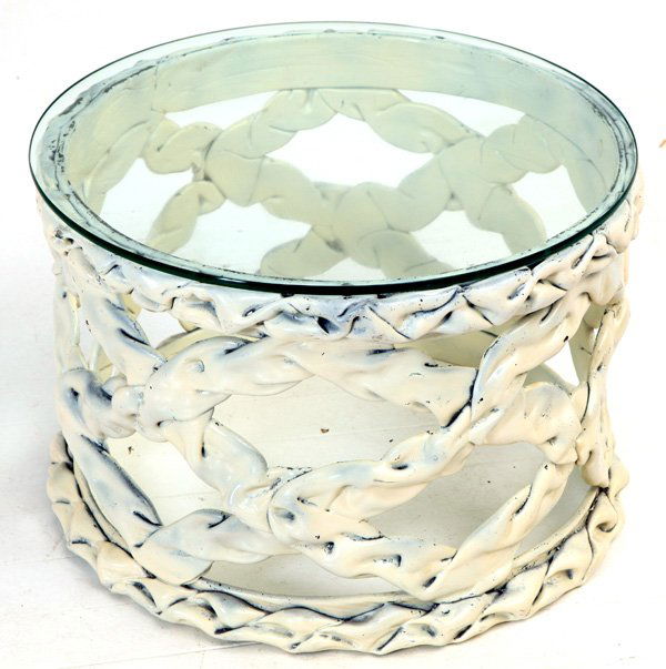 John Dickinson Style Drum Table: Occasional table. Lacquered wood, glass. Size 24.5 diameter x 16.5H.