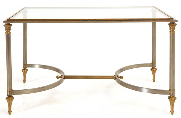 Maison Jansen Style Occasional Table: Heavy matte chrome and brass table. Glass beveled top. Size 29.5L x 19.25D x 17.5H