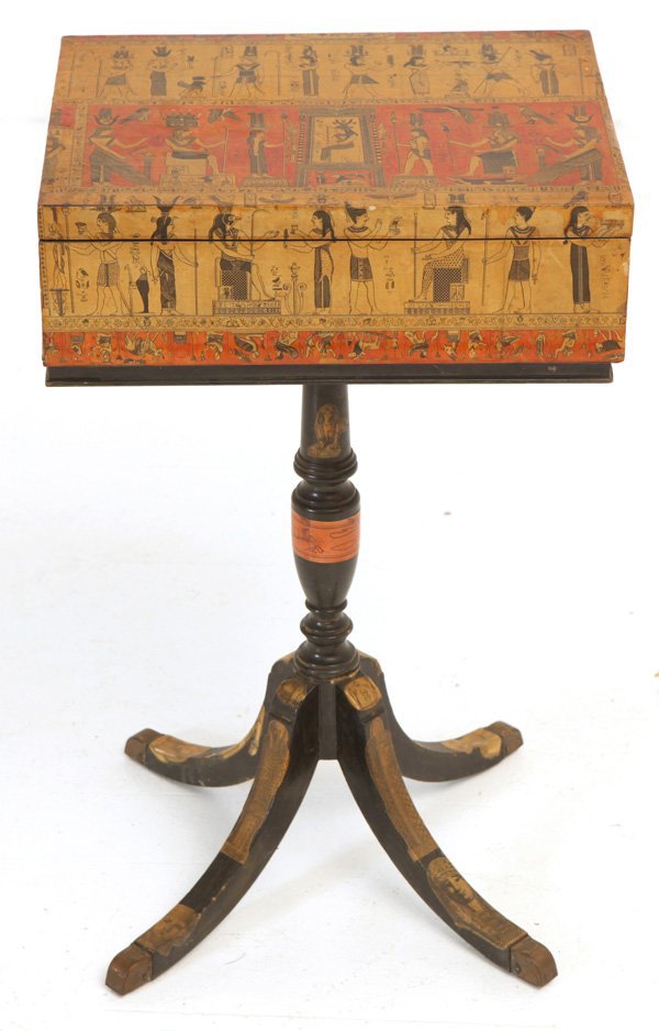 Maitland Smith: Lift top box on Duncan Phyfe style stand. Material wrapped over Mahogany. Hand painted. Size 14.75 x 12 x 24.5.