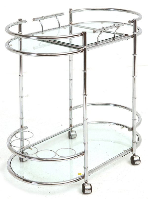 Chrome Mid Century Cart: Tubular chrome plated serving cart with removable serving tray. Designer and manufacturer unknown. 1950's. Size 32.5W x 18D x 33.5H.