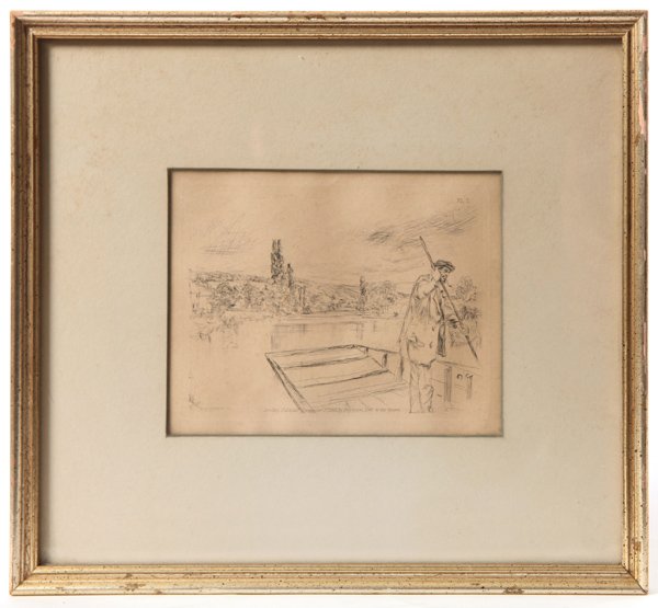 James McNeil Whistler: Etching. Titled, punting in the Thames". Original label to verso reading, "Whistler Punting In the Thames" Original etching. James Mcneil Whistler for the Etching Club 1861. Emory H. Barton. Size 5.25