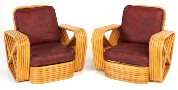 Paul Frankl: Arm chairs, Pair. Johnson Brothers Furniture Co. Rattan, Vinyl. Size 33.5 x 32.5 x 30.25H