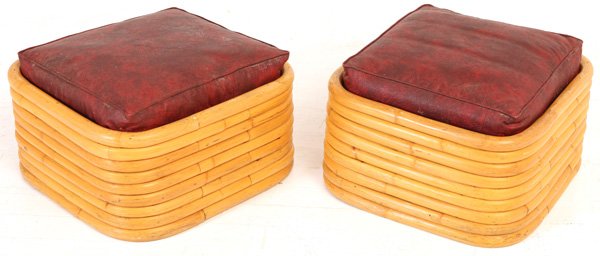 Paul Frankl: Ottomans, Pair Johnson Brothers Furniture Co. Rattan, Vinyl. 23W x 23D x 13H