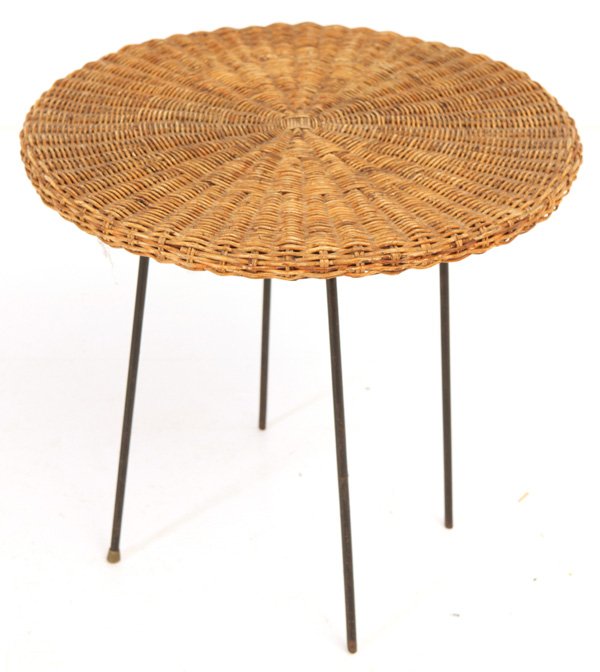 Arthur Umanoff: Occasional table. Wicker, iron. Size 24 diameter x 22H.