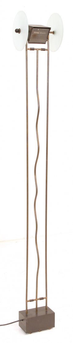 Manner of Angelo Lelli: Italian floor lamp. Bronze, brass, rubber, metal frosted glass. Size 11.25W x 5D x 76H.