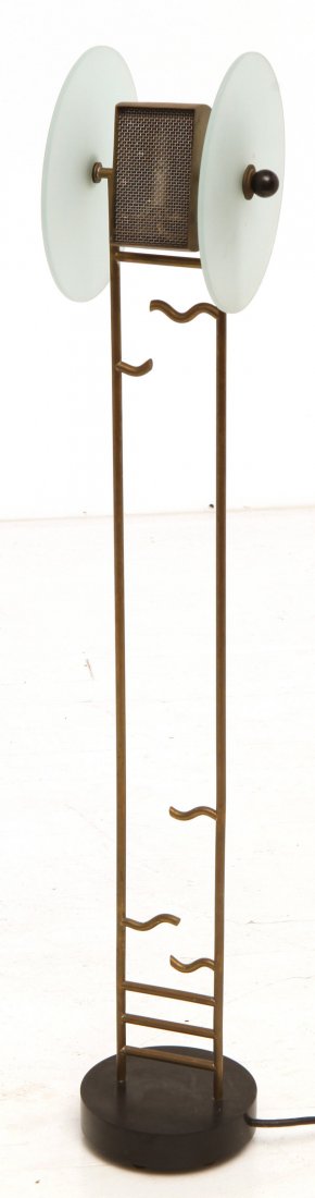 Manner of Angelo Lelli: Italian floor lamp. Bronze, brass, rubber, metal frosted glass. Size 7 diameter x 42.5H.