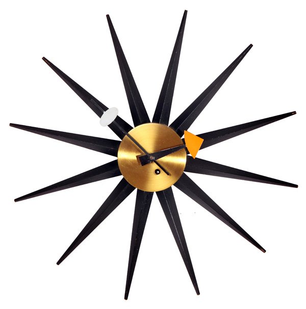 George Nelson and Associates: Spike clock, model # 2202D. Howard Miller Clock Co. Original decal. Wood, brass, metal, enameled metal. Size 18.5W x 6D x 18.5H