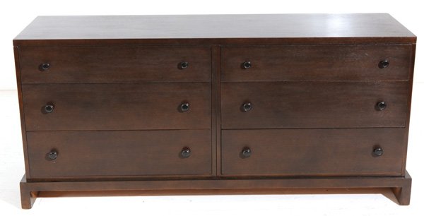 T.H. Robsjohn-Gibbings: Fine and early six drawer dresser/credenza. Widdicomb. Professionally refinished. Size 69W x 21D x 31.5H.