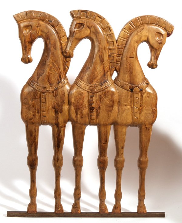Frederick Weinberg: Triple horse wall relief sculpture. Original label. Painted resin. Size 23W x 1D x 36H.
