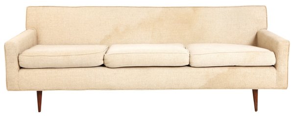 Milo Baughman: Sofa. Glenn of California. Walnut, upholstery. Size 76.5W 30D x 27H.