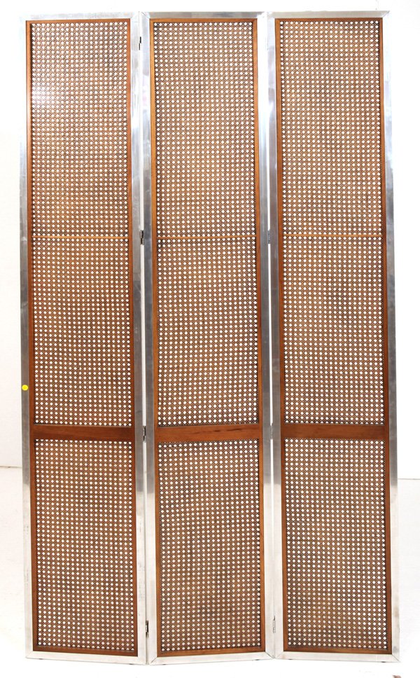 Milo Baughman: Rare room Divider. Thayer Coggin . Chrome plated metal, Walnut, cane. Custom order. Former property of The Williams Family, Cincinnati, Ohio. Size 48W x 3D (closed) x 90H. 16W closed.