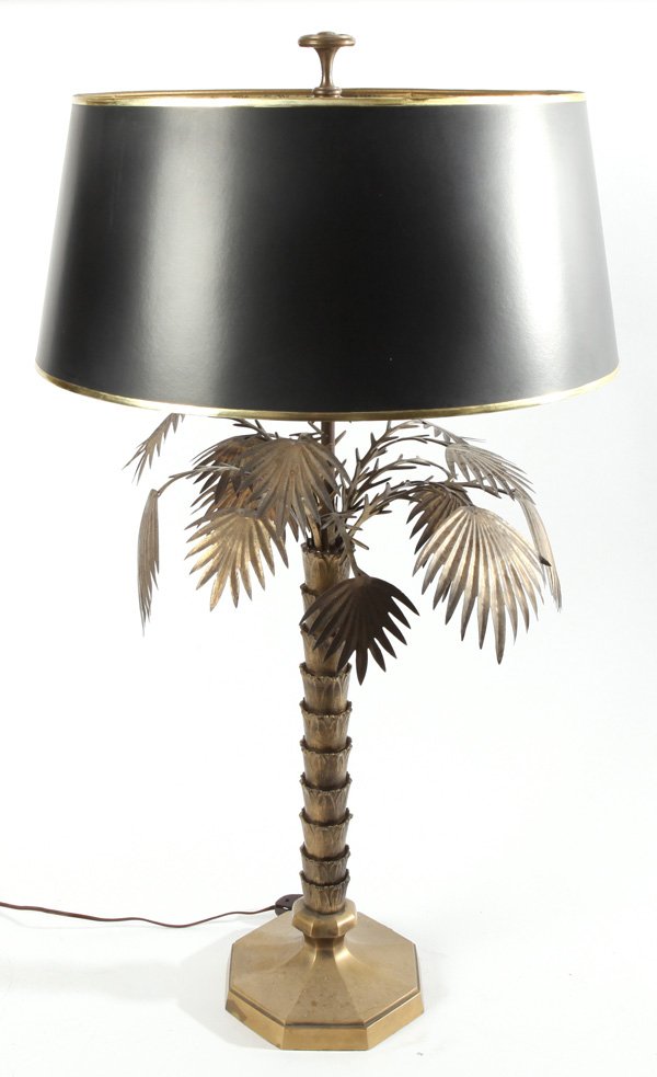 Chapman: Palm tree table lamp. 1970's. Brass, bronze, shell interior shade. Dual socket with brass pulls. 24 diameter x 29.5H.