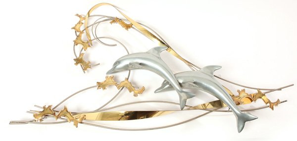 Curtis Jere: Dolphin wall relief sculpture, brass, enameled metal. Size 42W x 4.5D x 33H.