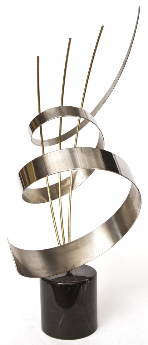 Curtis Jere: Table top sculpture. Black Marble cylinder base. Stainless steel, brass. Size 23W x 12D x 34.25H