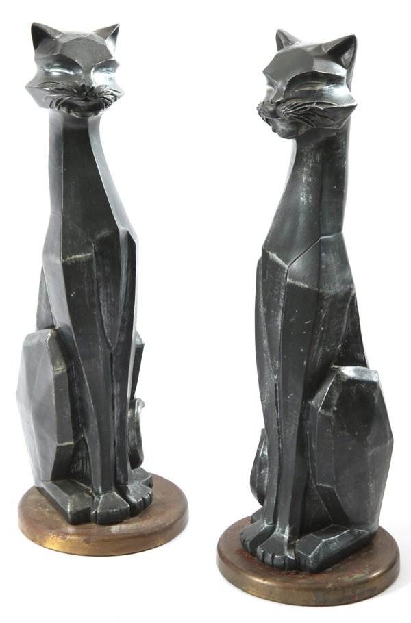 Art Deco Cats: Pair of cat figurines mounted to round brass bases. Size 8 diameter x 24H.