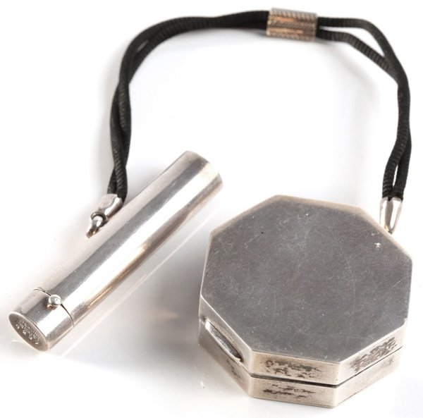 Sterling Compact and Lipstick Holder Bracelet: Sterling Compact and Lipstick Holder Bracelet. Fabric card marked RB & Co. Size, .5 x .5