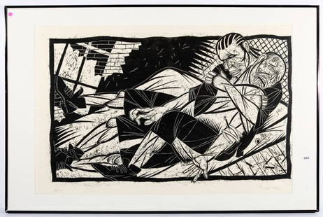 Thom Shaw: Woodcut on Paper titled "The Crack House Adventure". Dated 2003, signed LR. A/P. Size 33 x 49.5 site. Framed and matted.