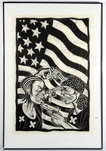 Thom Shaw: "The Malcom X Paradox: New American Anthem". Dated 2003. Woodcut. Size 49 x 43 site, signed LR. A/P1. Framed and matted.