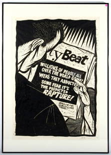 Thom Shaw: "Front Page News City Beat". Woodcut. Signed LR. Dated 2003. A/P1. Size 49.5 x 33 site. Framed and matted.