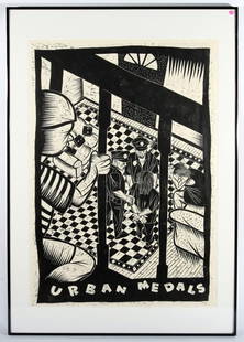 Thom Shaw: The Malcolm X Paradox: Urban Medals". Woodcut, signed LR. 1999. Size 49 x 33 site. Huntington Museum of Art, 2003. Framed and matted.