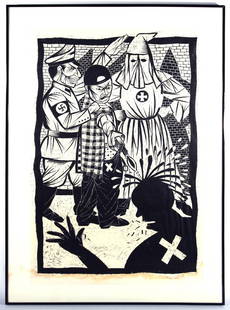 Thom Shaw: "The Malcom X Paradox: A Klan Alliance 2". Dated 2000, Woodcut. Size 50 x 32 site. Signed LR. A/P1. Framed and matted.