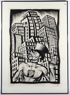 Thom Shaw: "Self Portrait: Celebration" Dated 2000, tempered Masonite relief print. Signed LR. A/P. Size 56 x 45 site. Framed and matted.