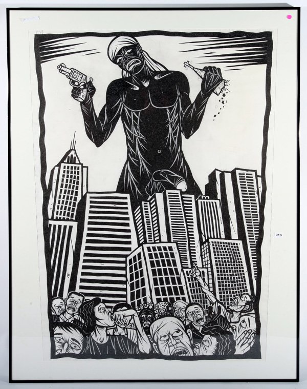 Thom Shaw: "Thugzilla", Ink on Paper. Size 57.5 x 40 site. Framed and matted.
