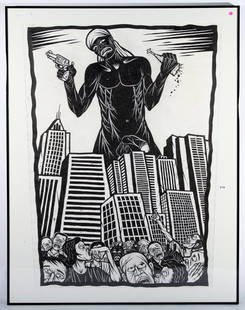 Thom Shaw: "Thugzilla", Ink on Paper. Size 57.5 x 40 site. Framed and matted.