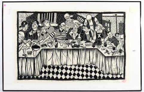 Thom Shaw: "The Last Supper Urban Medals: Just Business". 1999. Woodcut, size 33 x 49.5 site. Signed LR. A/P4. Framed and matted.