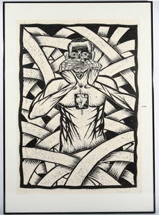 Thom Shaw: "Idol Time for Decision". 2004. Woodcut, signed LR. A/P1. Size 49.5 x 33 site.