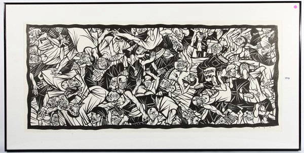 Thom Shaw: "The Body Count", Ink on Paper, size 26.5 x 62 site. Signed LR. Framed and matted.