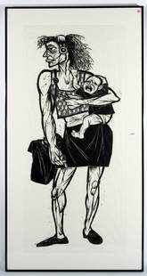 Thom Shaw: "#10 Mother and Child". 2005. Woodcut, signed LR. 1/10. Size 58 x 25 site. Framed and matted.