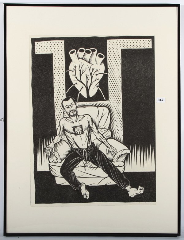 Thom Shaw: Untitled Self Portrait. Ink on Paper, signed LR. Size 29.5 x 21.25 site. Framed and matted.