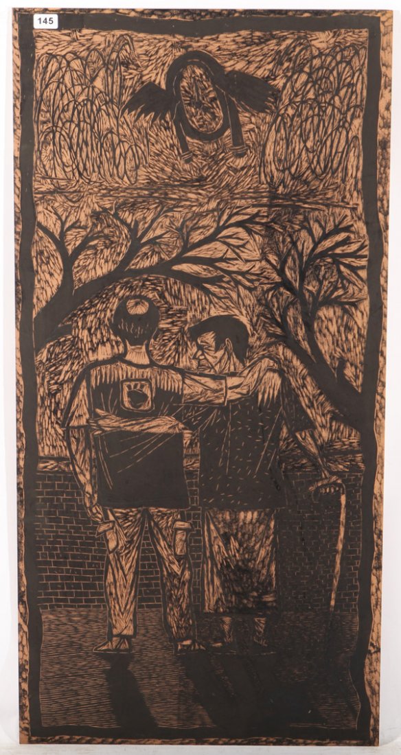 Thom Shaw: Unframed. Wood block plate. "2 Friends". Size 48 x 24 site